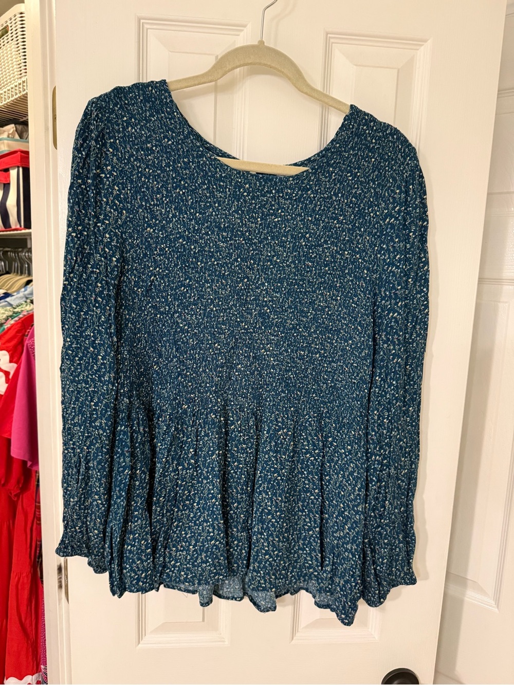 Chic Soul Teal Smocked Floral Long-Sleeve Peplum Top